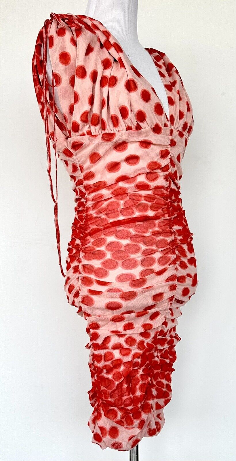 Vertigo Spot Mesh Overlay Dress Size S Ruched Retail $210 NWT Adjustable