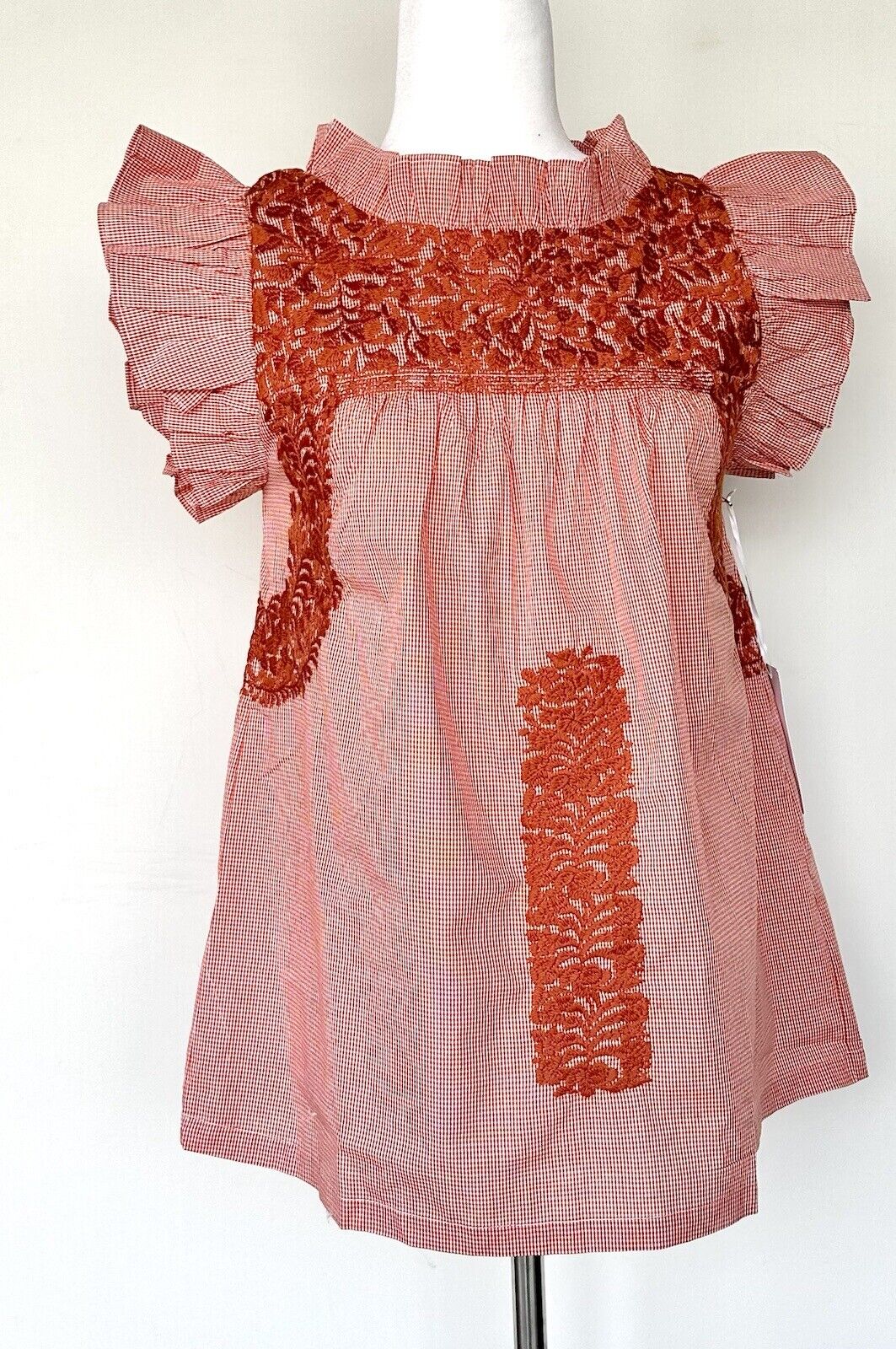 J Marie embroidered Scotland Top size XS Retail $118 Tiny Check Burnt Orange