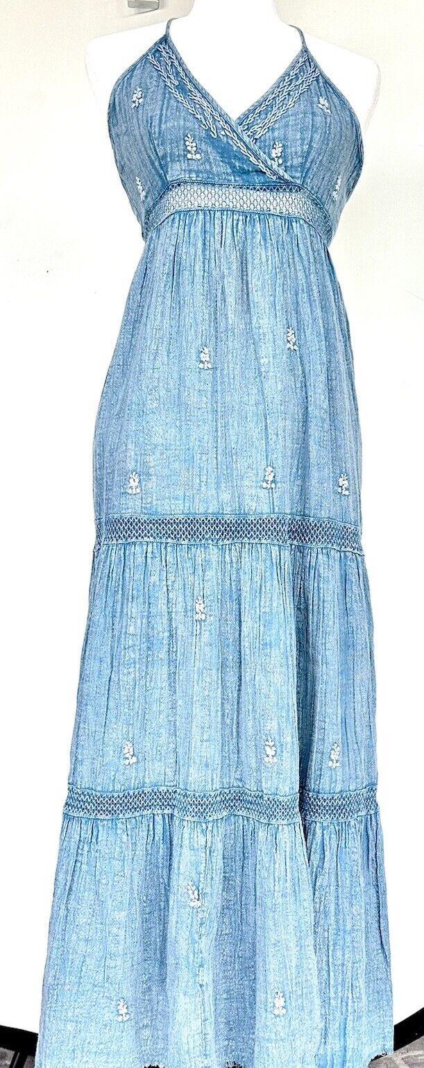 Raga Chambray Embroidered Halter Neck Midi Dress XS New With Tags Retail $98