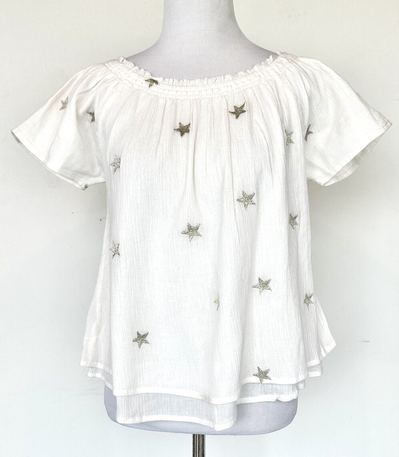 Generation Love White Silver Star Flutter Sleeve Top Retail $139 Price $48 XS