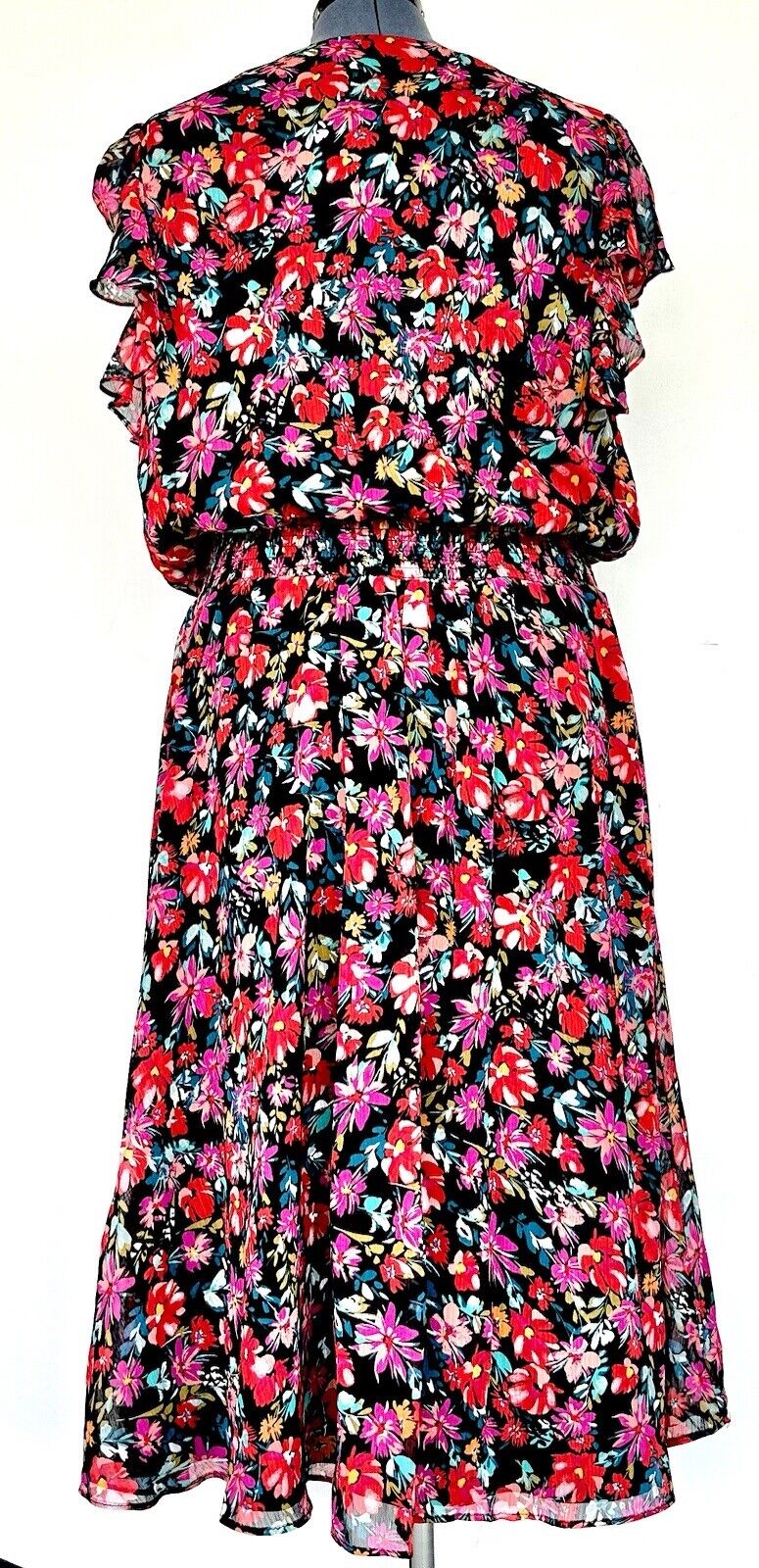 msk dress Black Red Chiffon Midi Dress Smocked Waist Retails $89 2X