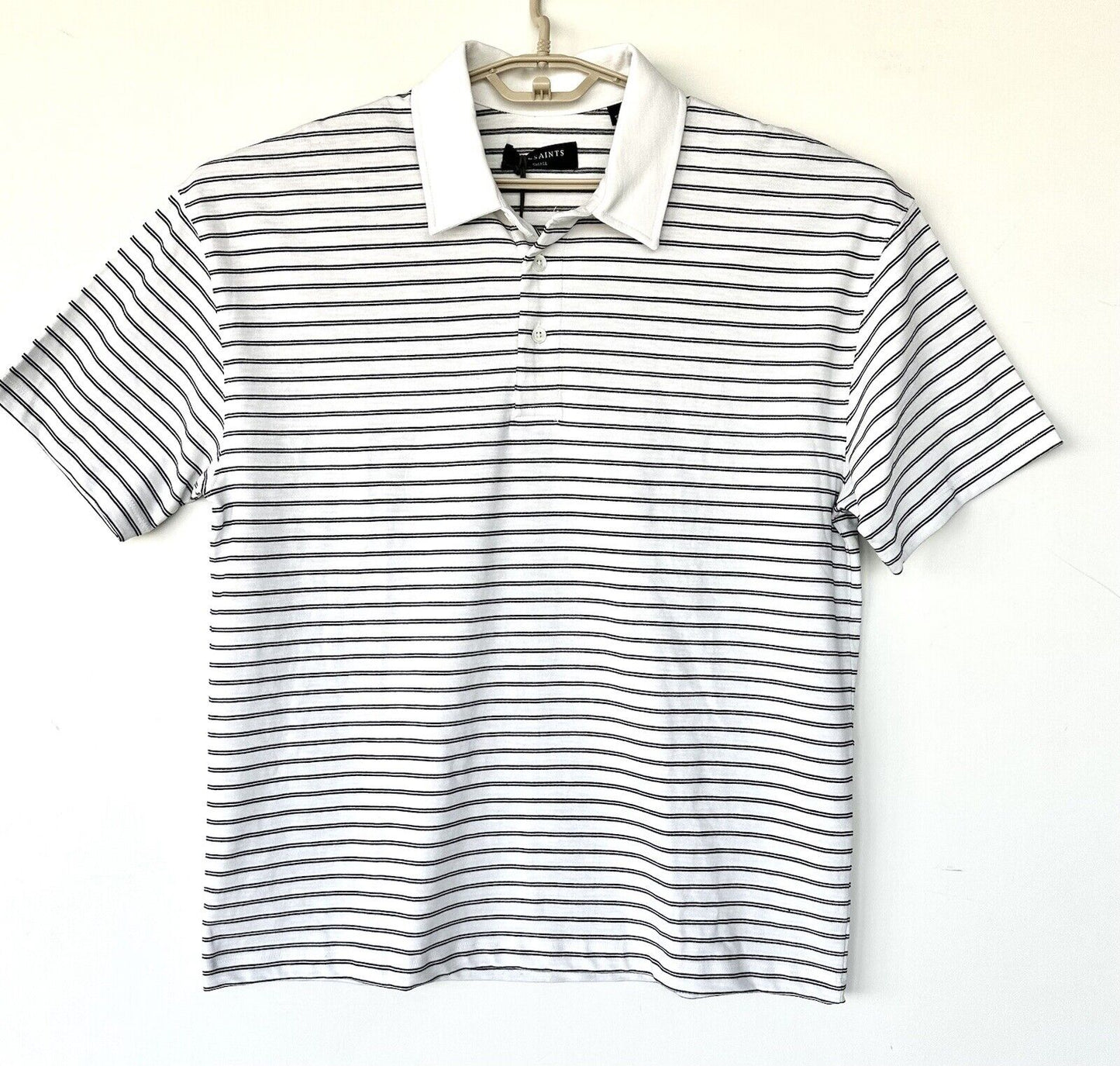 Allsaints Ave Polo Shirt Retails $109 Stripe Chalk White & Black NWT SS Size S