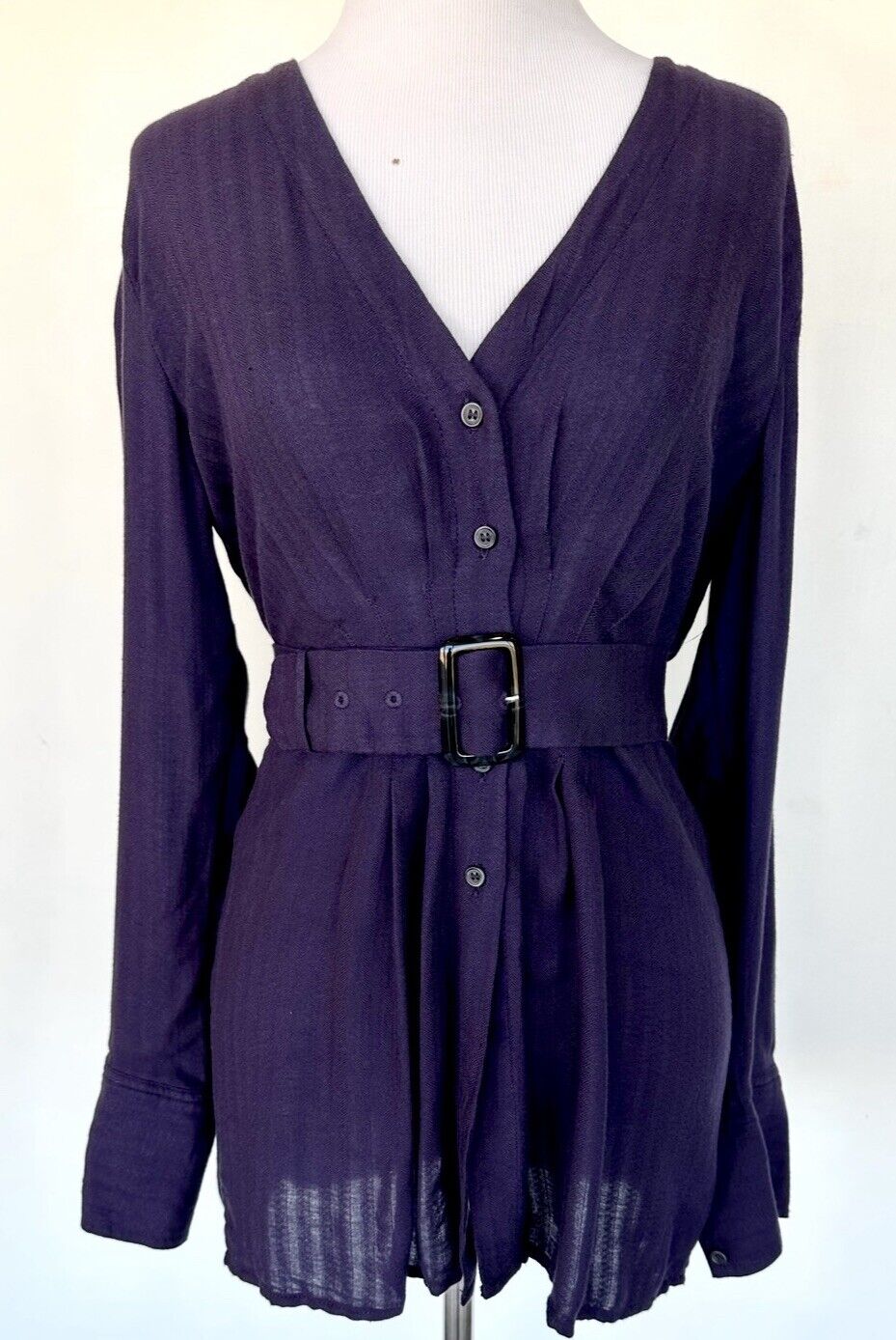 Free People Womens Belted Button Down Blouse Dark Purple XS Retails $98 NWT