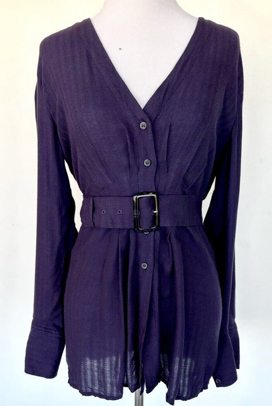 Free People Womens Belted Button Down Blouse Dark Purple XS Retails $98 NWT