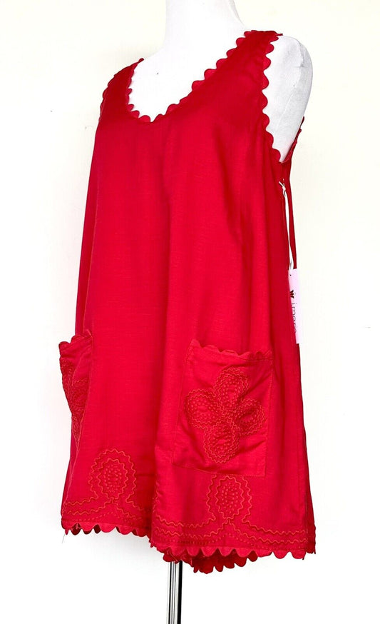 J Marie Swift Embroidered Romper Red Cotton Linen Mix Retail $124 S