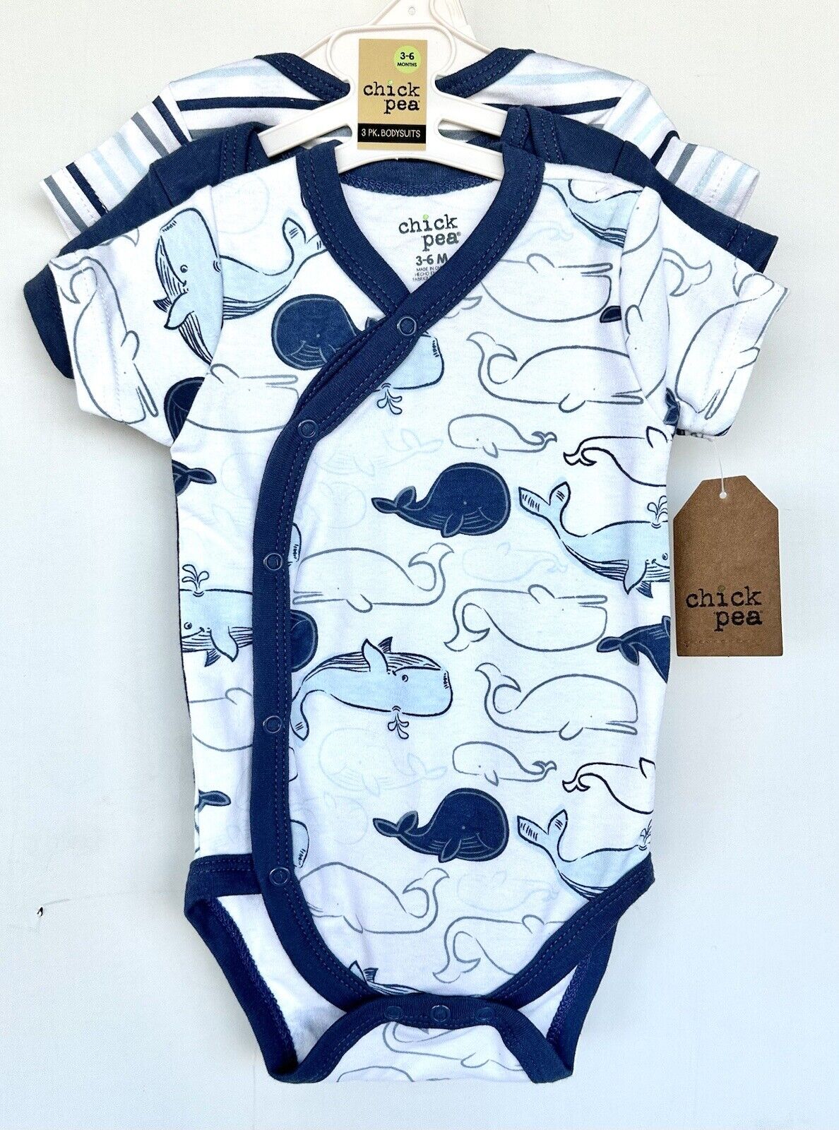 Chickpea 3 Pc Vest Set 3-6 Months Whales Stripes Short Sleeve