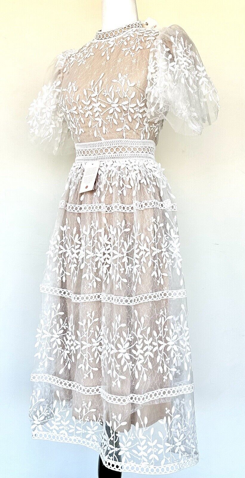 Ivy City White & Nude Embroidered Sicily Dress Three Layered. XS Flutter Sleeve