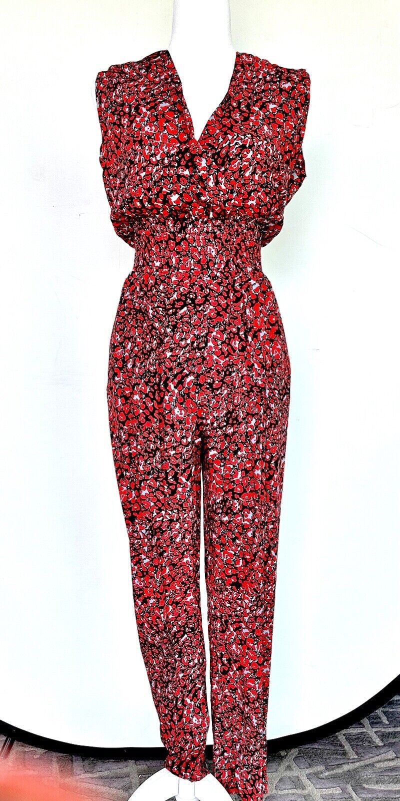 Aqua Red Print Jumpsuit Smocked Waist Size S Price $59 NWT Keyhole Back