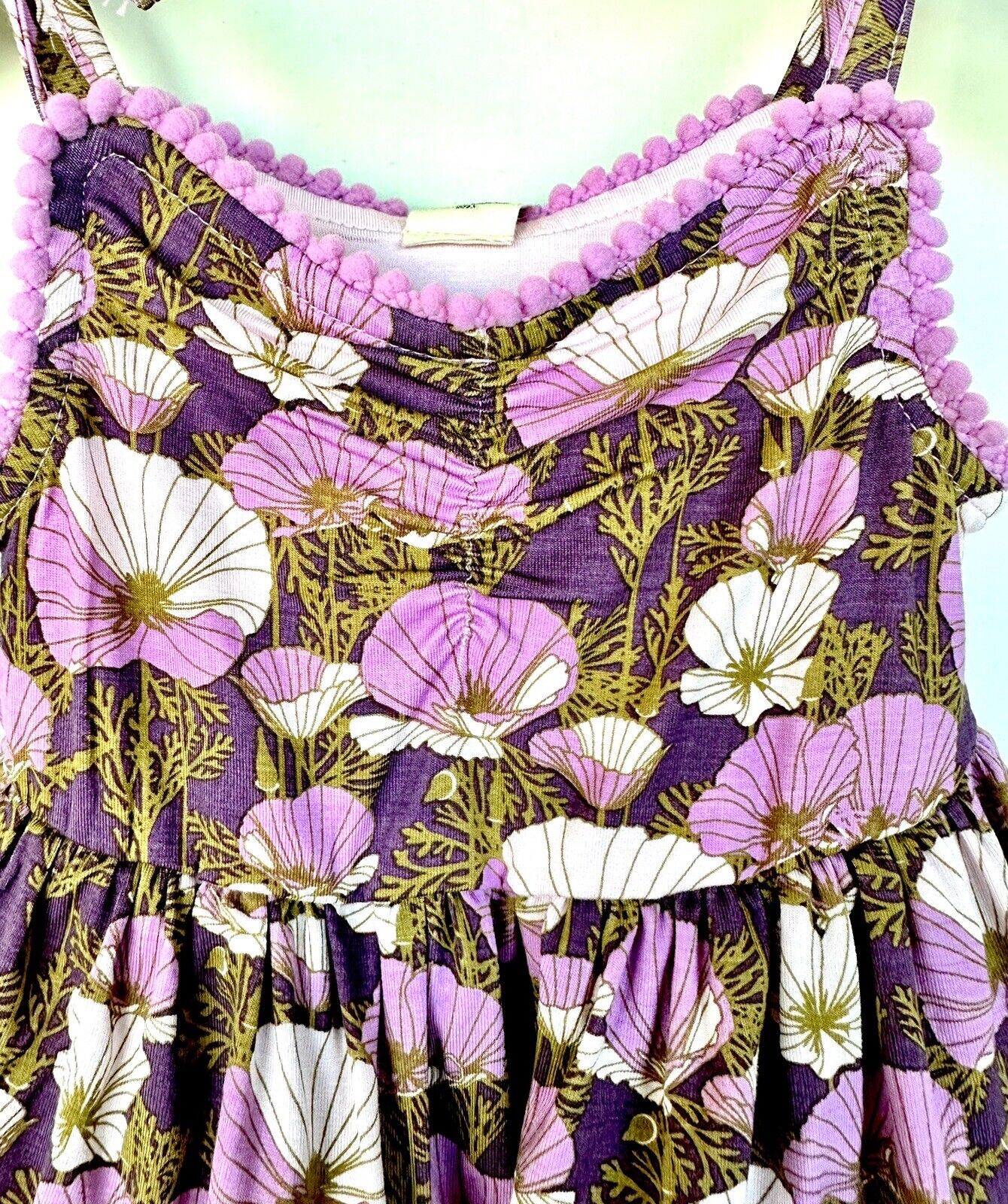 Kate Quinn Ruffle Tier Pom Pom Dress Purple Pansies $33 3-6M NEW Bamboo