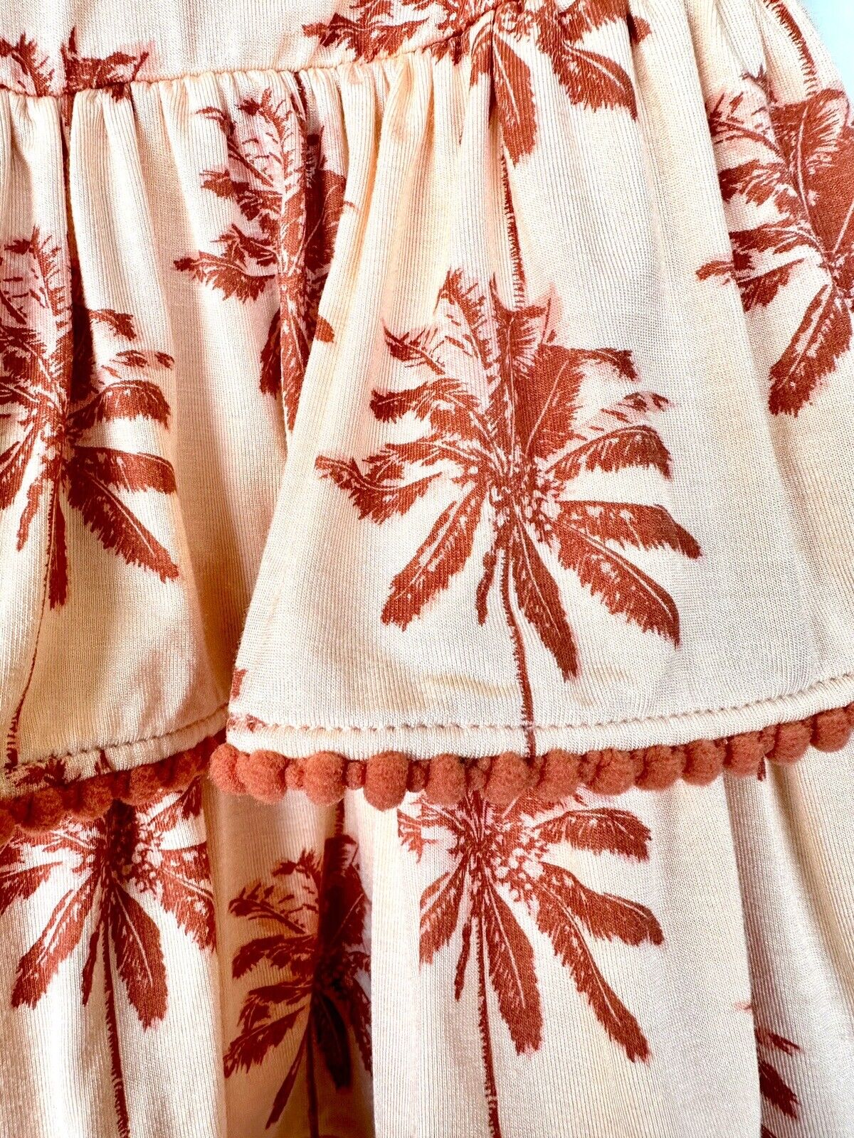 Kate Quinn Ruffle Tier Pom Pom Dress Peach Palm $33 3-6M NEW Bamboo