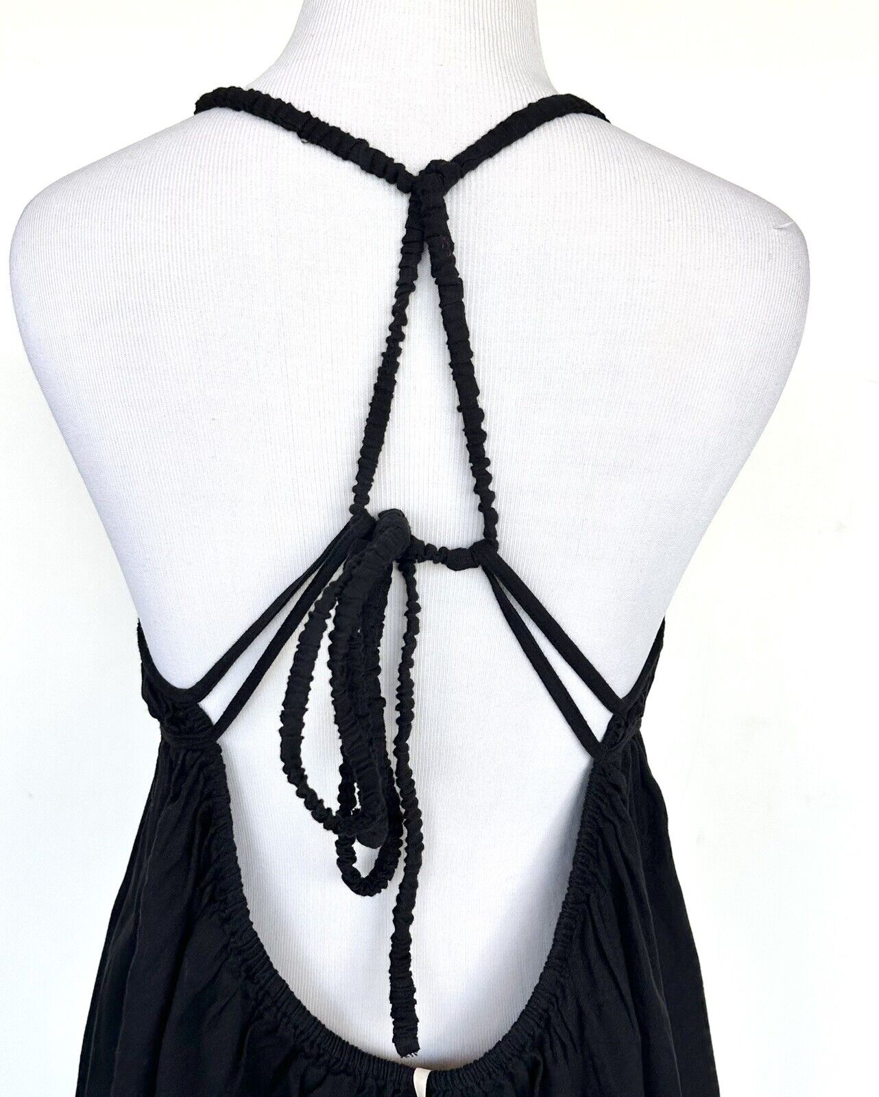 Free People Black Linen Mix Boho Festival Dress  $68 XS Cross Over Back Ruched