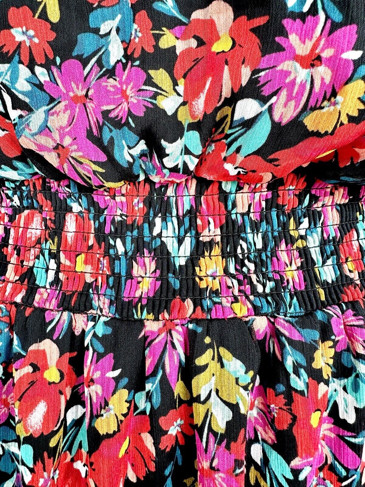 msk dress Black Red Chiffon Midi Dress Smocked Waist Retails $89 2X