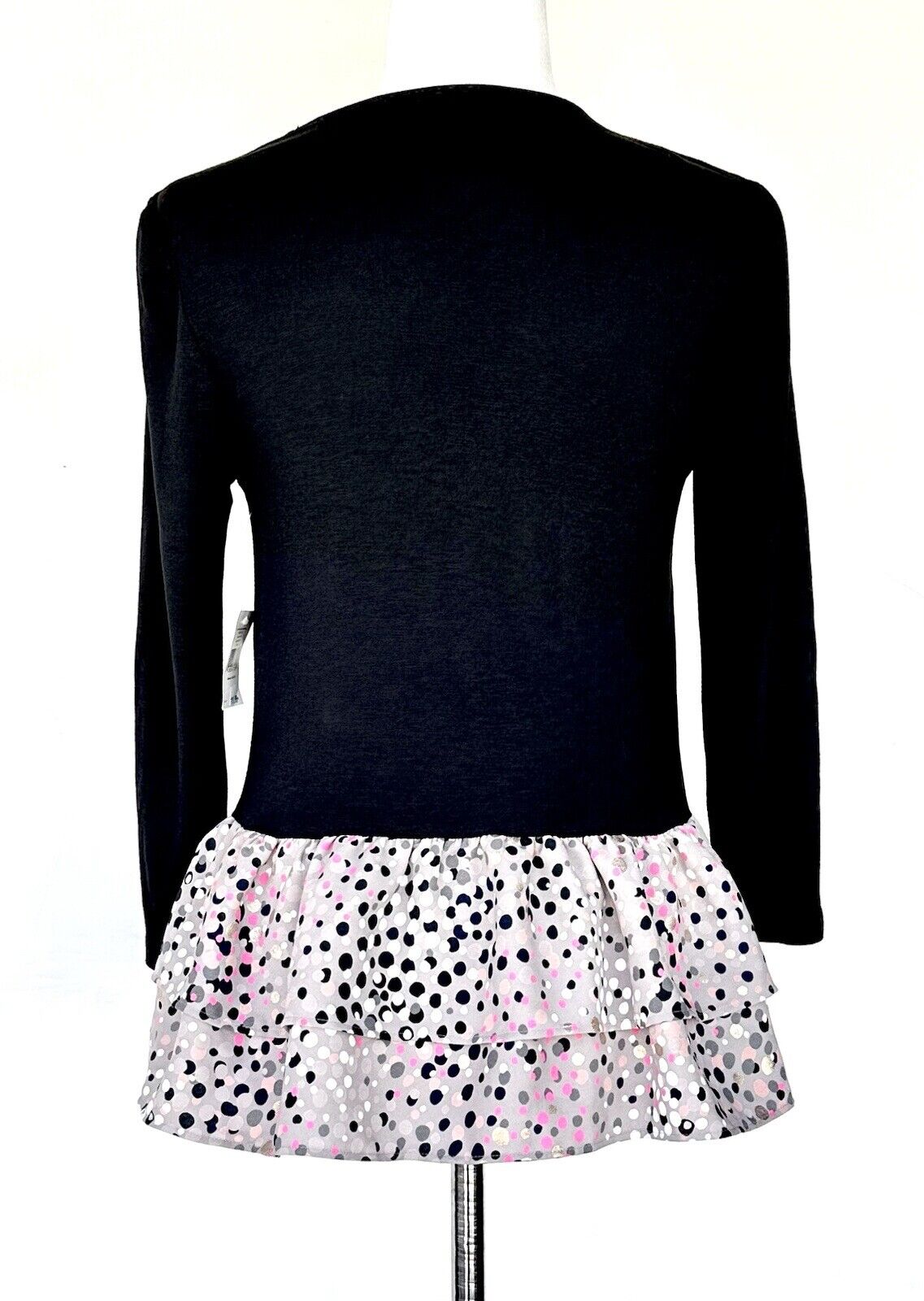 Kate Spade Black Top W/Ruffle Metallic Gold Silver Pink Spot Retail $119 XS