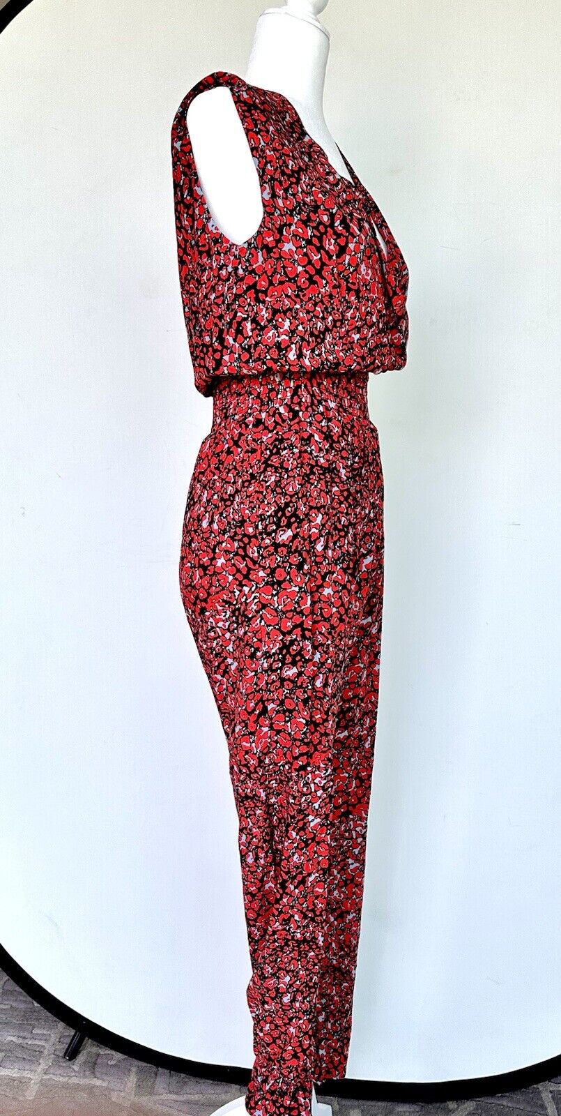 Aqua Red Print Jumpsuit Smocked Waist Size S Price $59 NWT Keyhole Back
