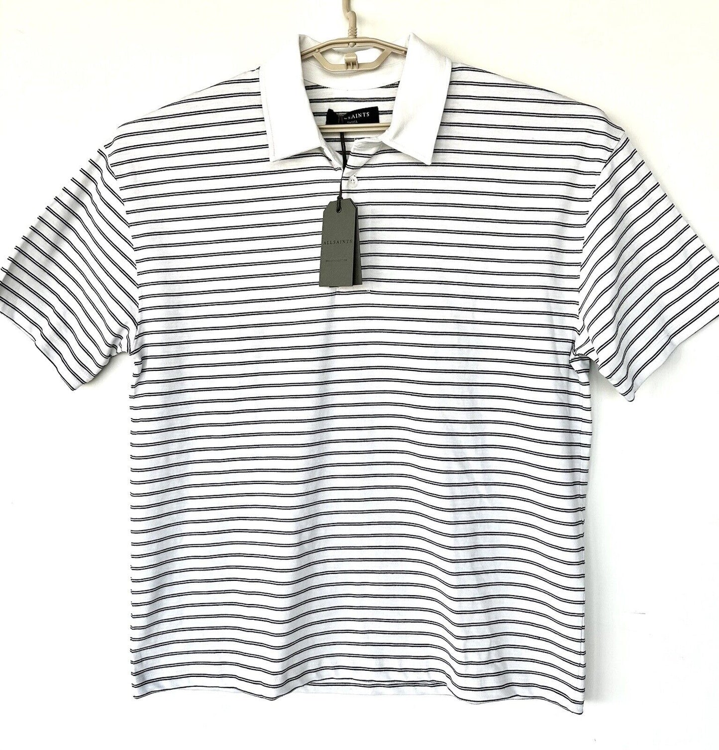 Allsaints Ave Polo Shirt Retails $109 Stripe Chalk White & Black NWT SS Size S