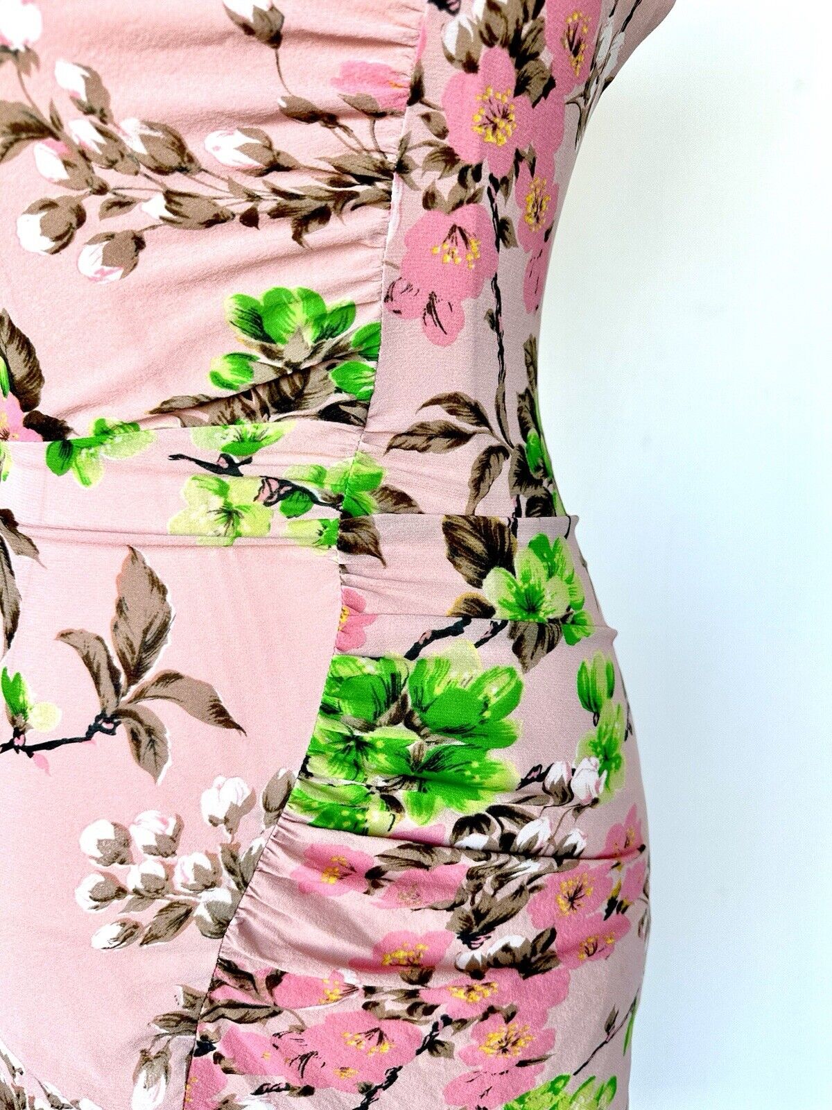 Whistles Floral Chiffon Pink Dress Size 0 Ruched Pleated Hip Design