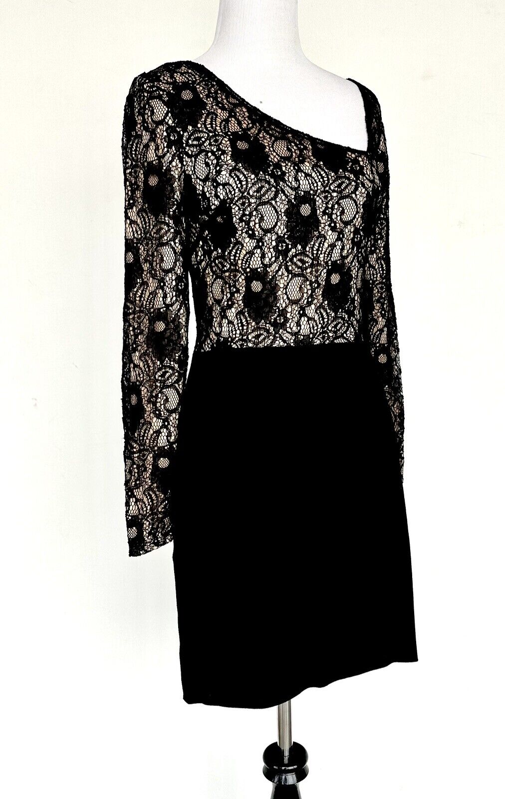 Dress The Population Asymmetrical Neck Lace Top LS Dress Retail $196 Price $96 S