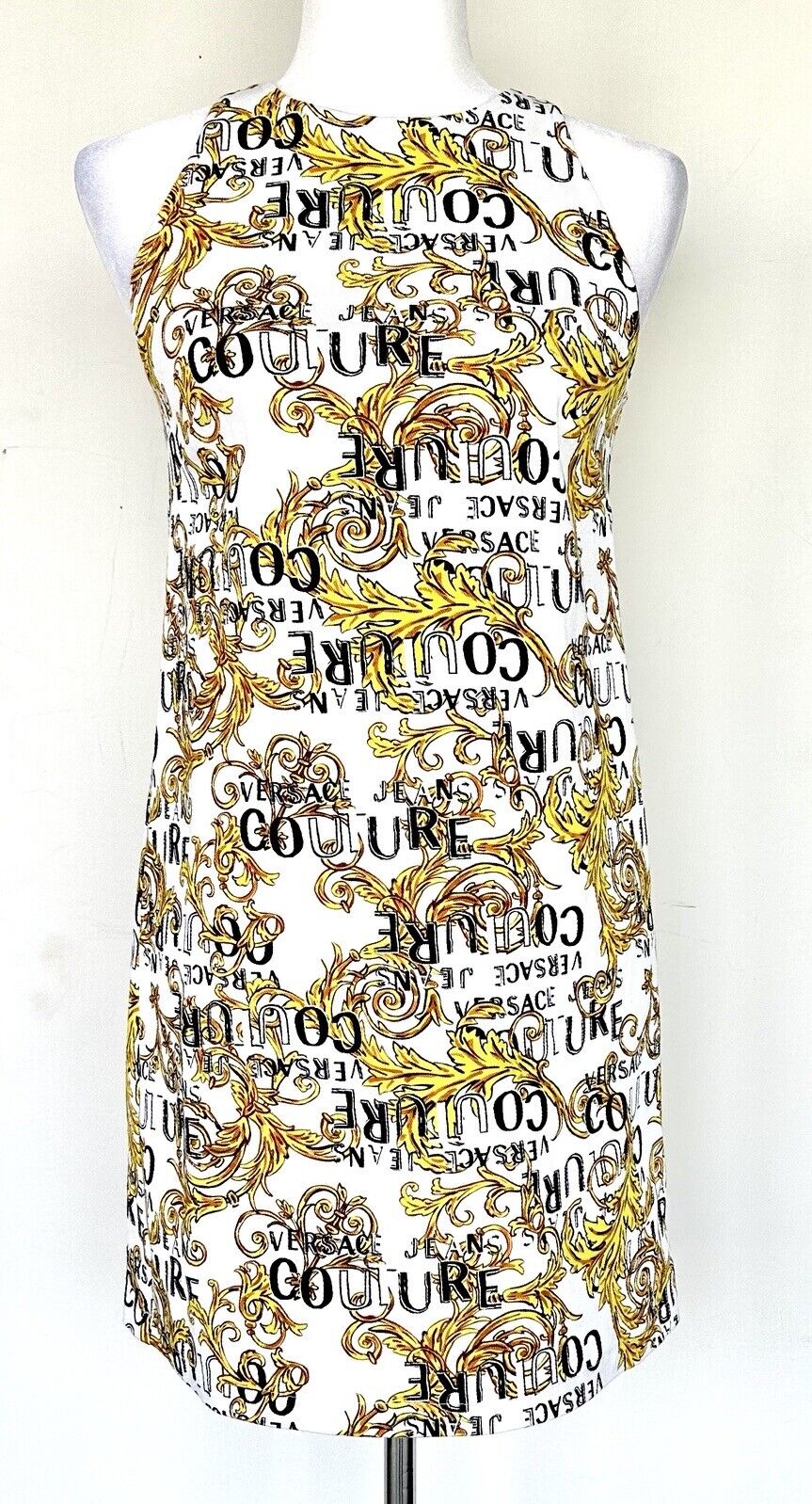 Versace Mini Shift Printed Logo Dress Sleeveless Retails $450 NWT XS US 38 IT
