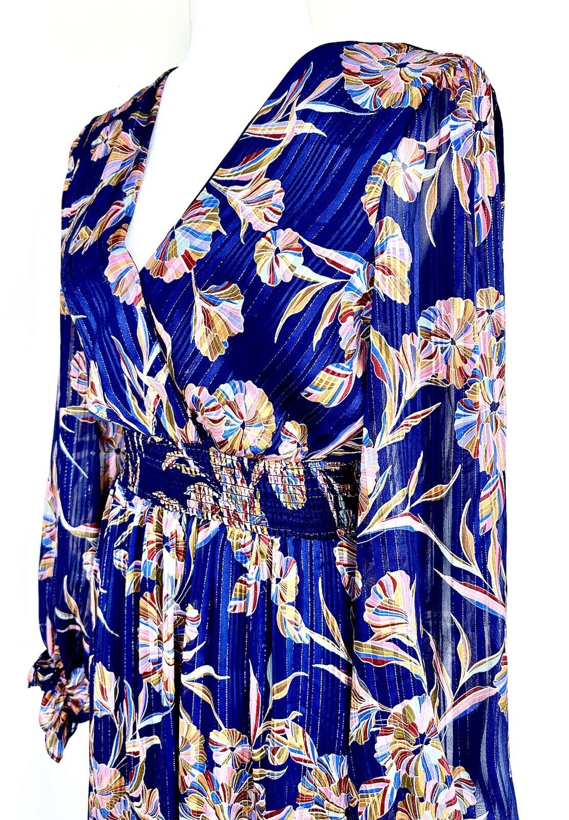 Laundry By Shelli Segal Blue Floral Metallic Stripe Dress