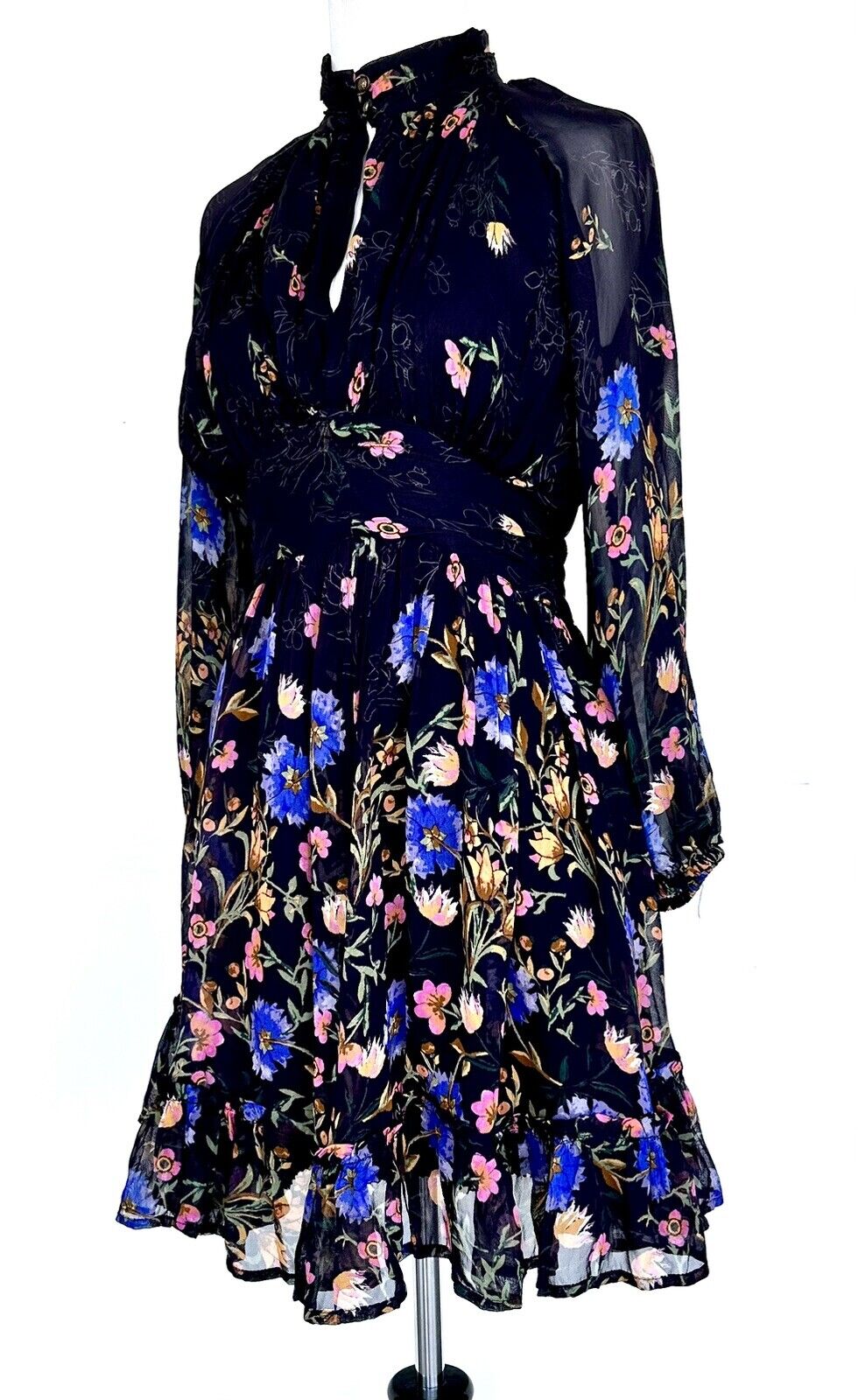 Anthropologie Black Chiffon Floral Dress 0P Retail $170 price $85 NWT
