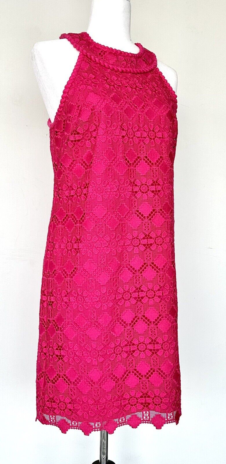Trina Turk Fuschia Pink Halter Lace Dress Braid Edge. Retails $199 Size M NWT