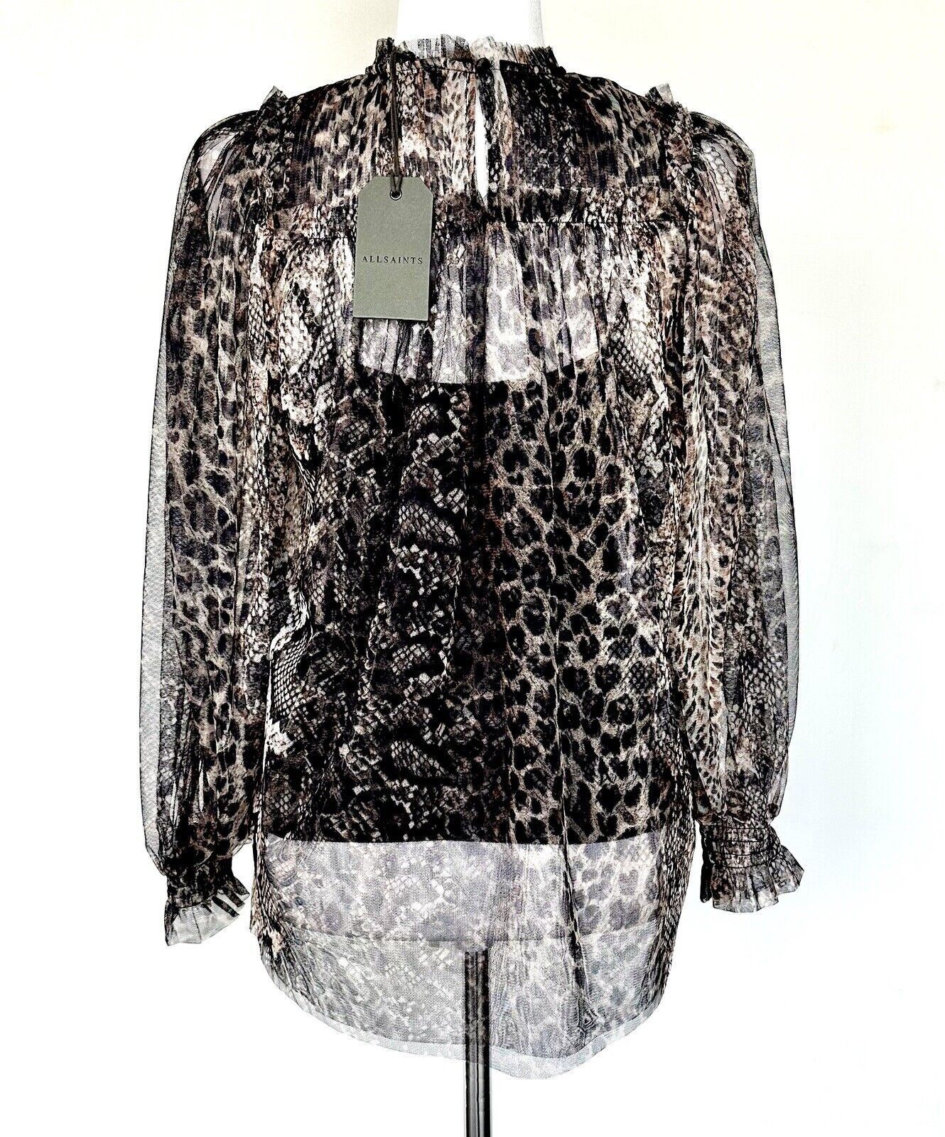 Allsaints Perri Noche Blouse Animal Print Mesh Fabric 2 Pc Retail $229 Sz 2 New