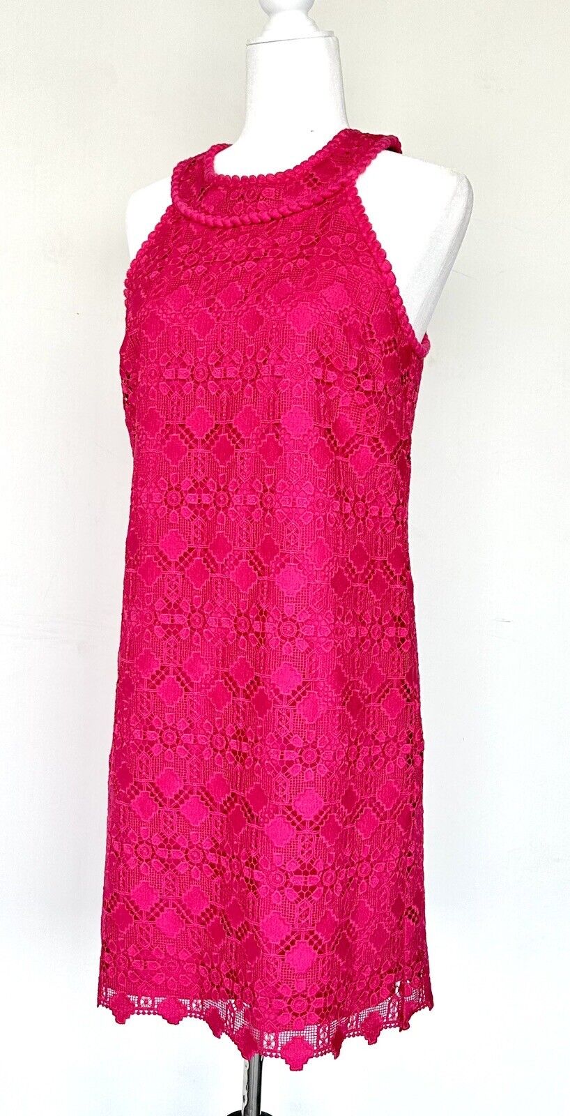 Trina Turk Fuschia Pink Halter Lace Dress Braid Edge. Retails $199 Size M NWT