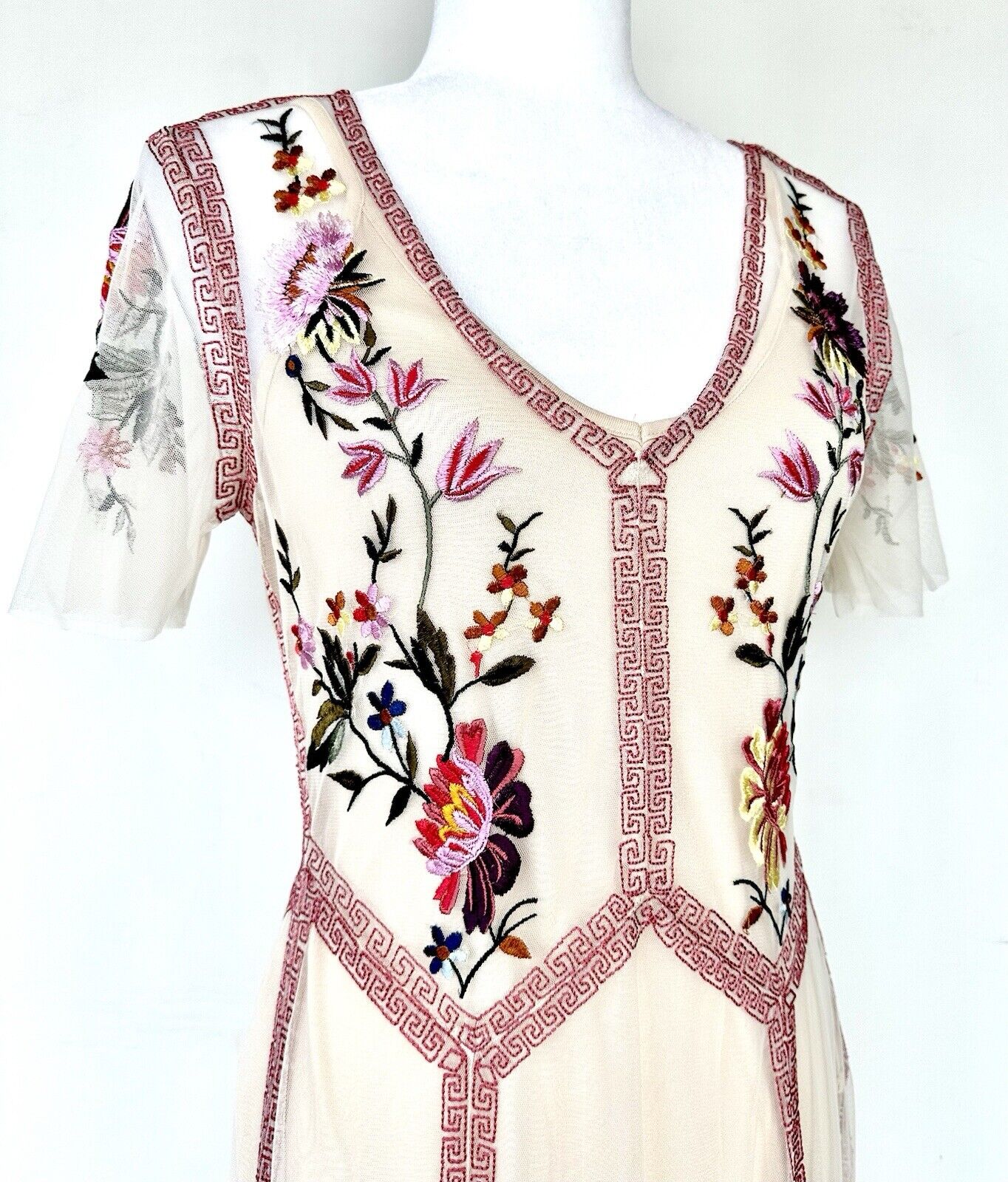 Sundance Garden Soirée Dress Embroidered Mesh Top Layer Retail $268 Champagne XS