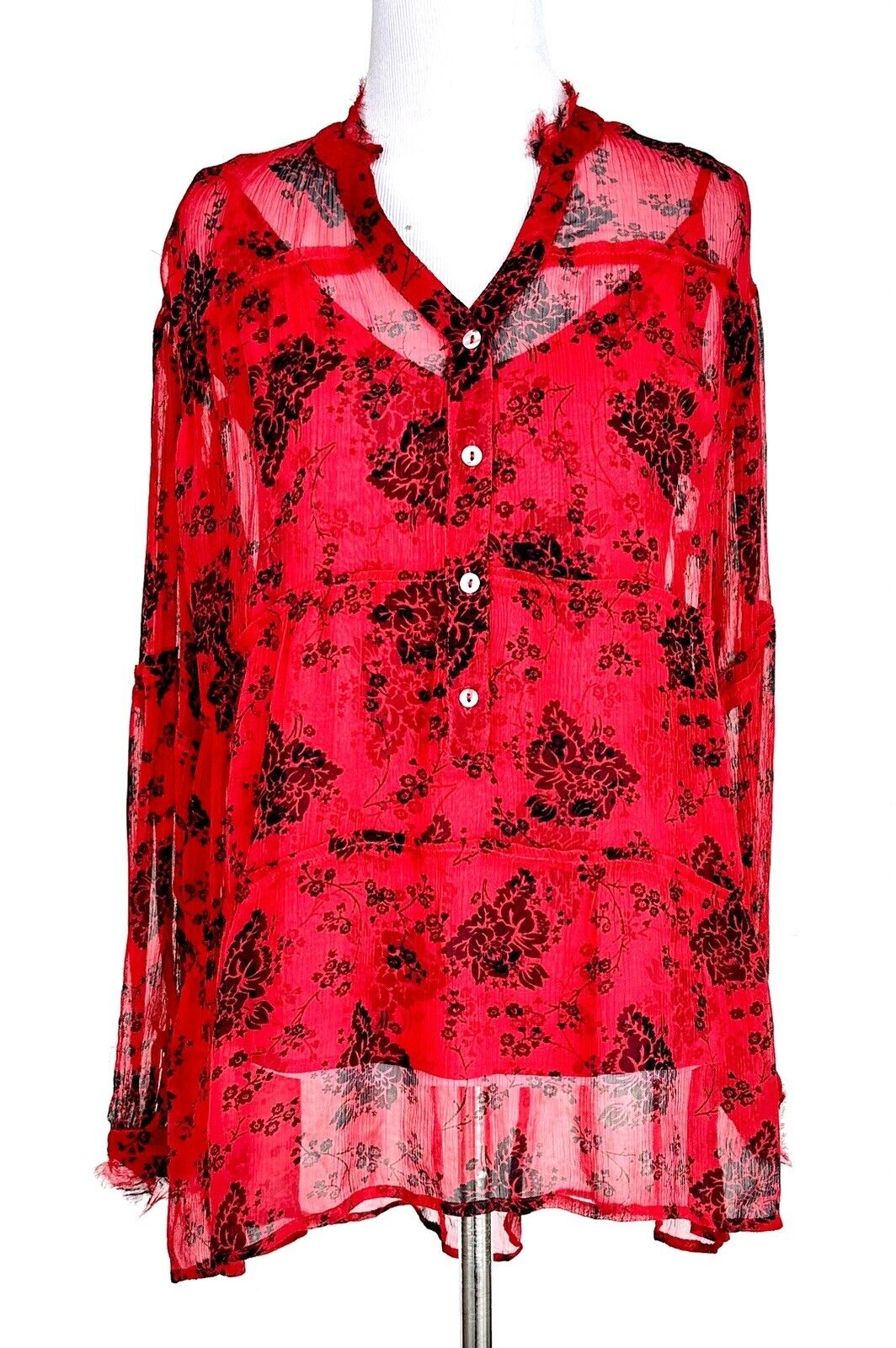 Sundance Elodie Red And Black Blouse LS Retail $138 Size XS Sheer With Cami