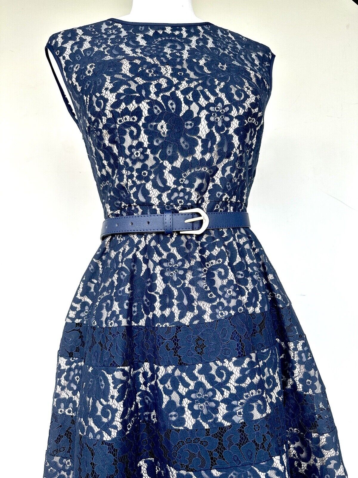 Eliza J Navy Lace Dress Retails $169 XS NWT Cap Sleeve Full Skirt W/ Belt