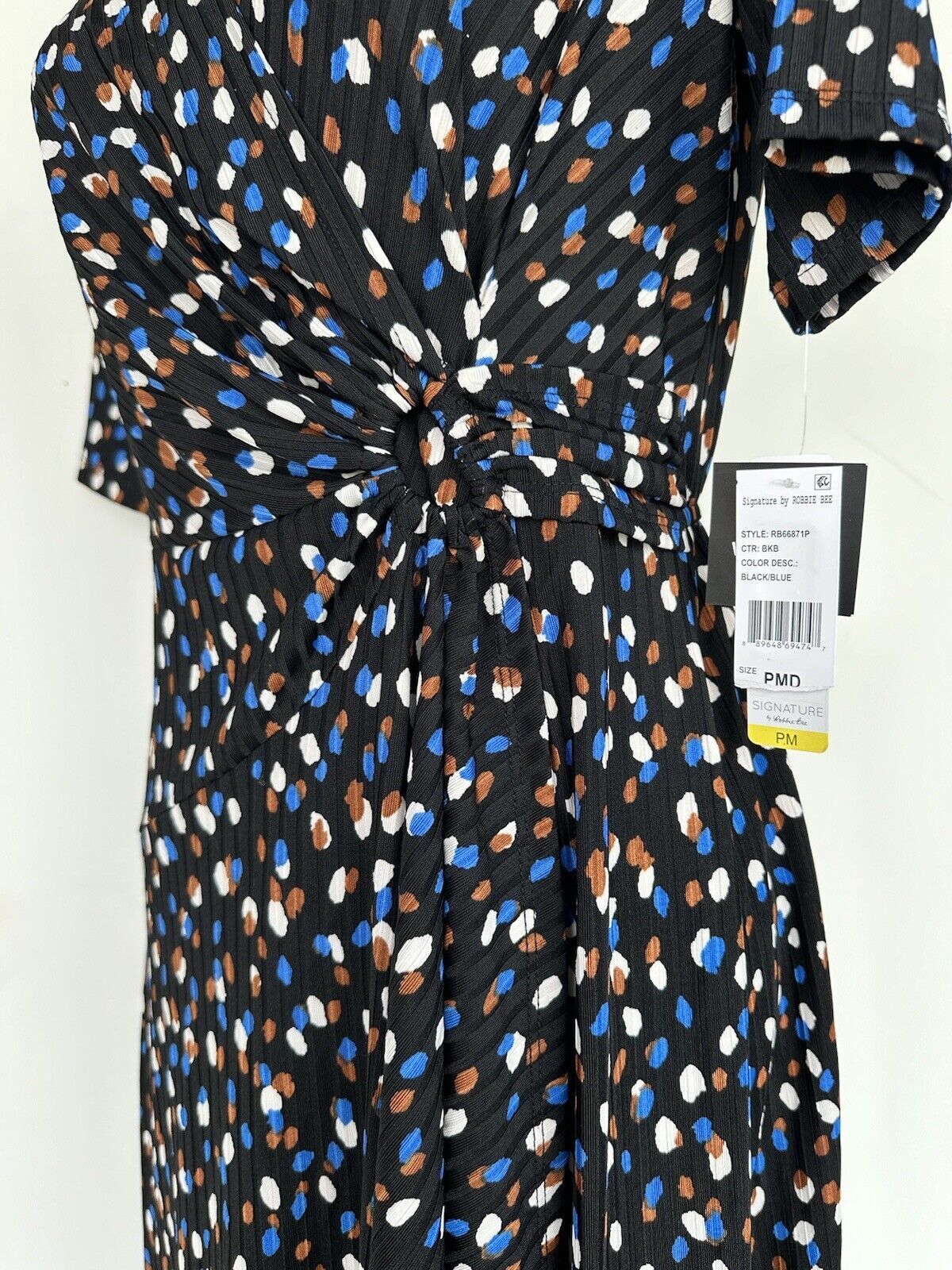 SIGNATURE BY ROBBIE BEE Black Spot Faux Wrap Dress Retail $79 Stretch Size SP