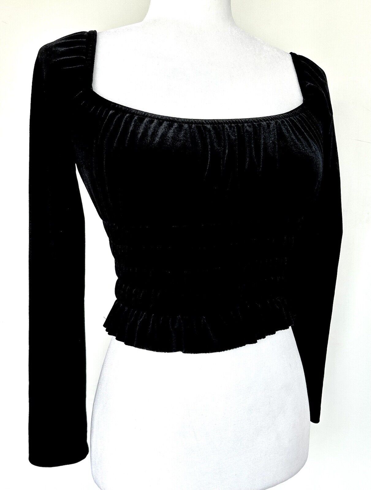 Aqua Velvet Smocked Crop Long Sleeve Top Square Neck Size XS