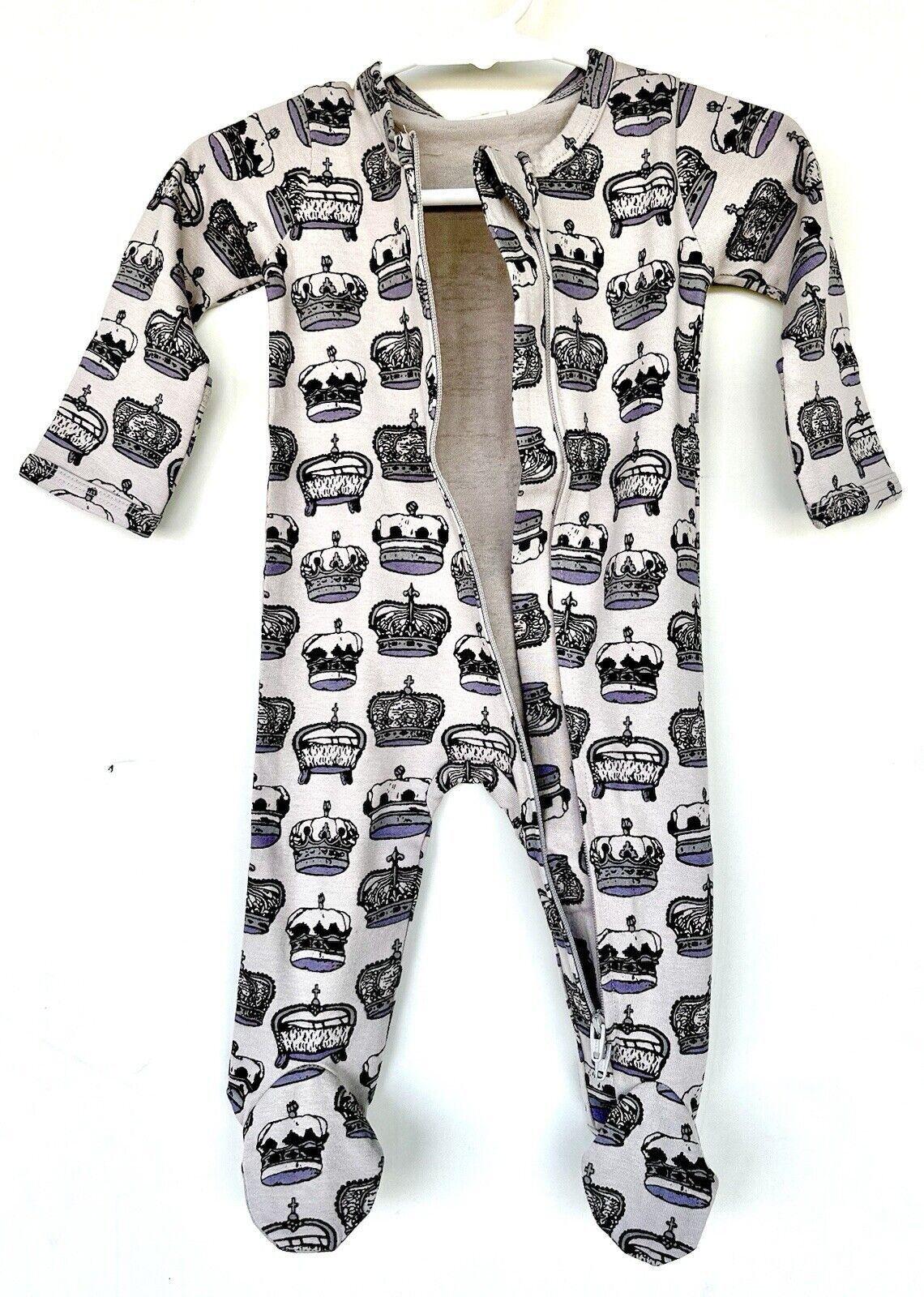 Kate Quinn Royal Crown Print LS Zipper Footie 0-3 M Organic Cotton