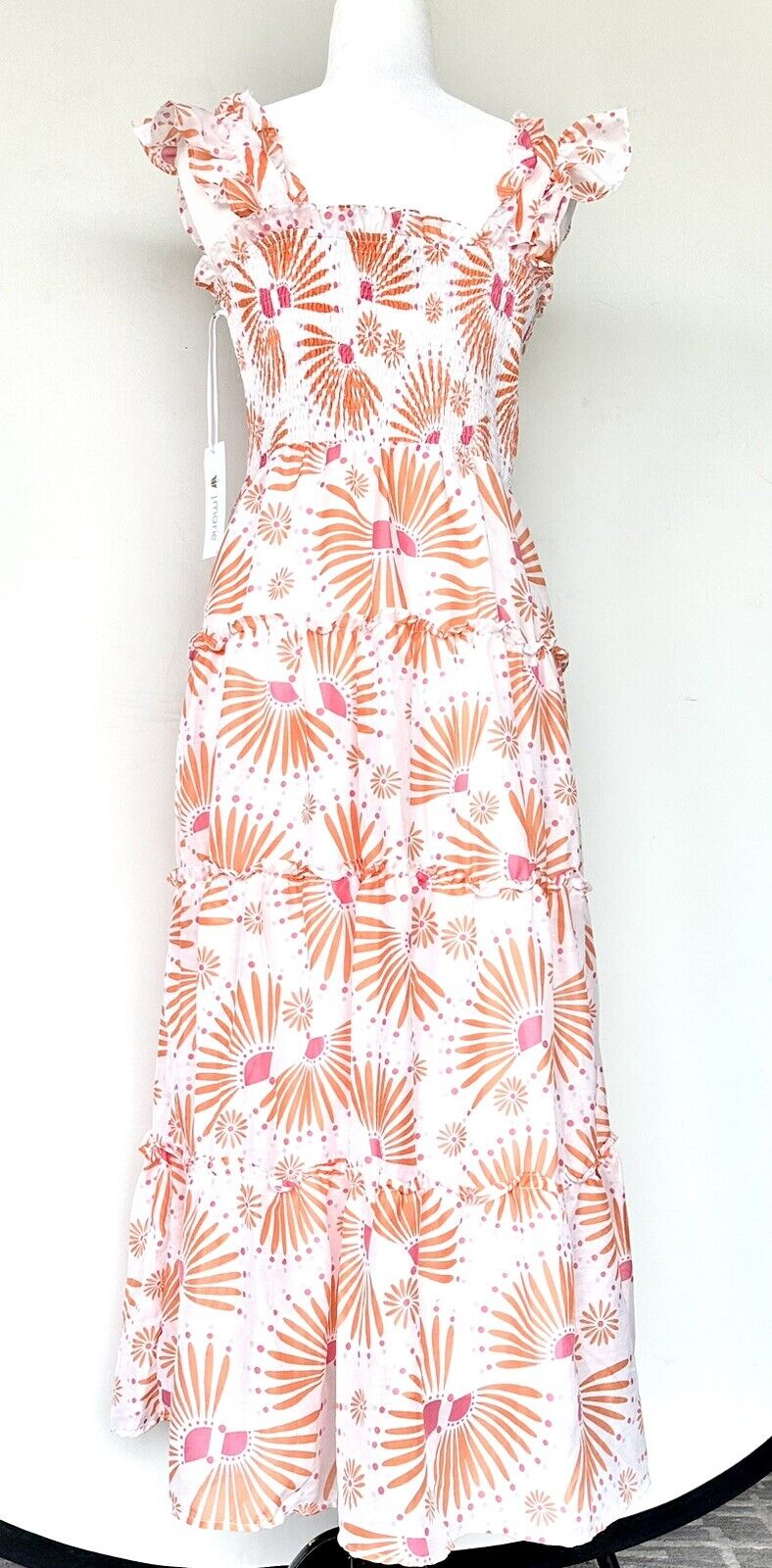 J Marie Tati Tiered Midi Dress size L Retail $162 Flutter Strap NWT