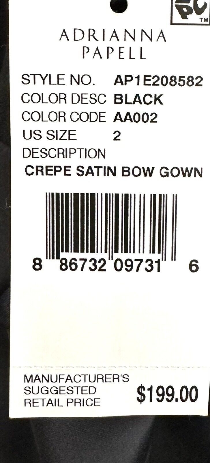Adrianna Papell Draped Back Satin Bow Crepe Gown Retail $199 Size 2 Black