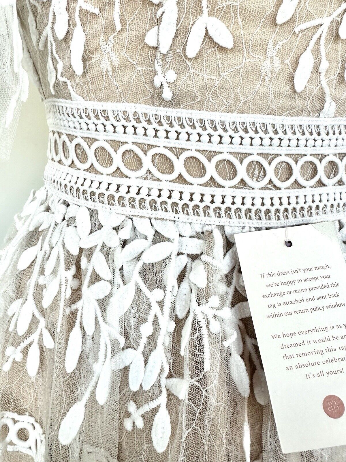 Ivy City White & Nude Embroidered Sicily Dress Three Layered. XS Flutter Sleeve