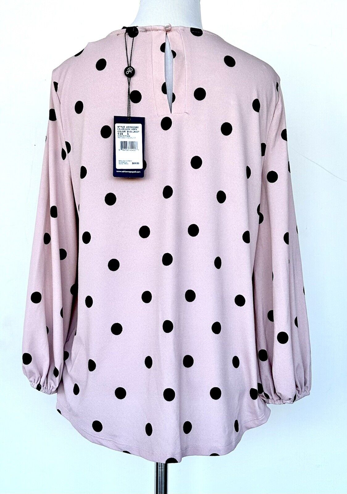 Adrianna Papell Pink & Black Polka Dot 3/4 Sleeve Blouse Top Small Retail $69
