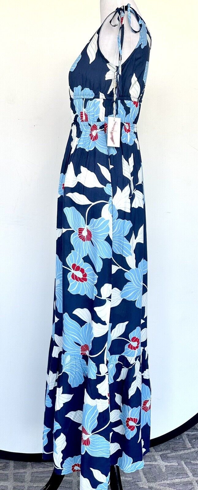 Jessica Simpson Blue Floral Midi Dress Sleeveless Ruched Shoulder Price $55 XS