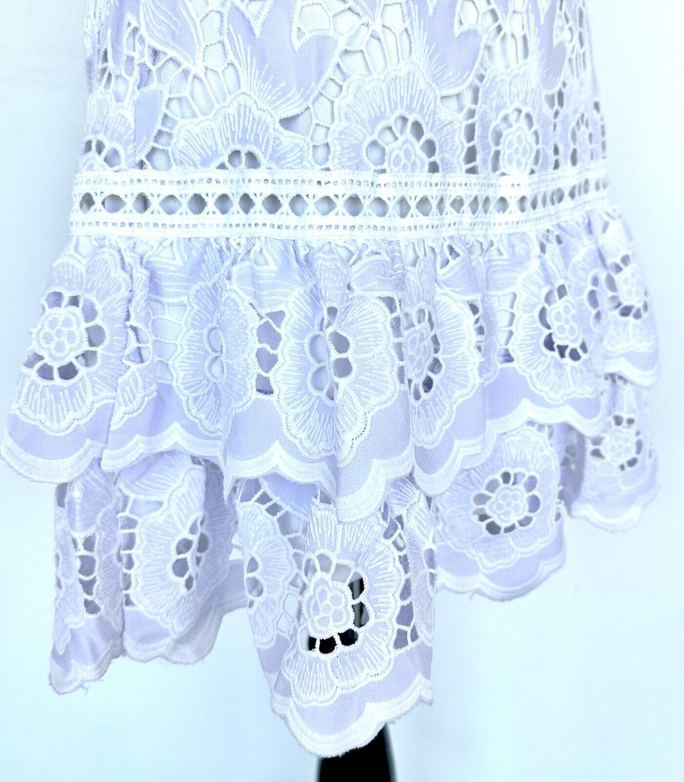 Just Me Pale Lavendar White Lace Dress Price $88 Size S NWT Ruffle Hem