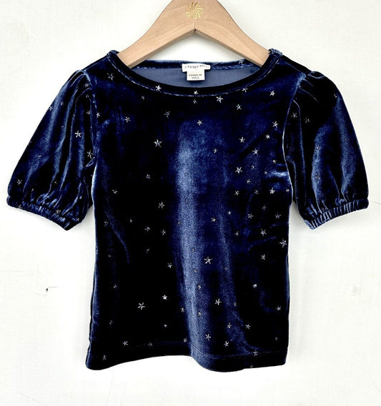 J Crew Blue Velvet Puff Sleeve Glitter Star Top Retails $49.50 Age 2-3 XXS NWT