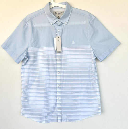 Penguin Blue And White Striped 100% Cotton Short Sleeve Shirt Retail $85 Size M