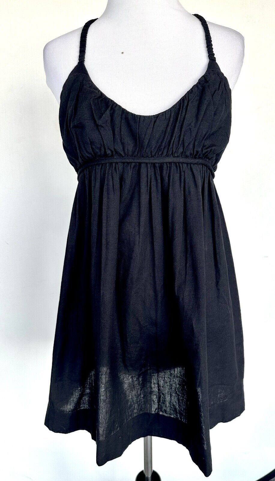 Free People Black Linen Mix Boho Festival Dress  $68 XS Cross Over Back Ruched