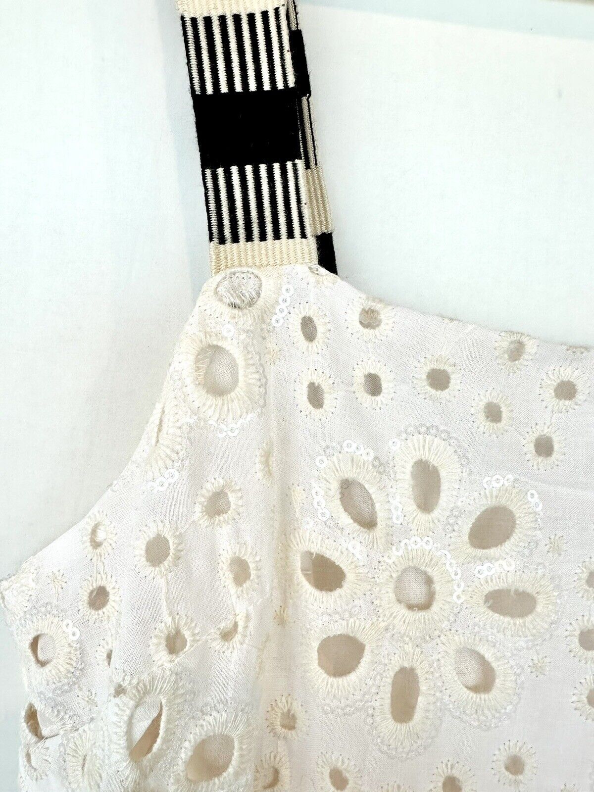 Desigual Eyelet Cream Midi Tiered Dress Retail $209 Sequin Detail XS
