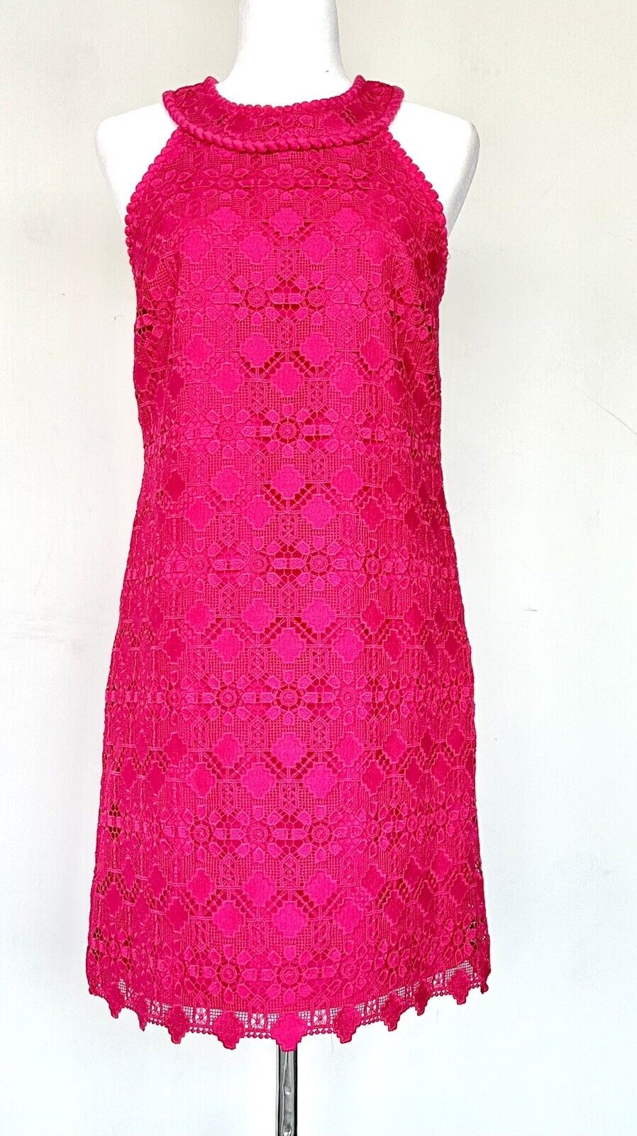 Trina Turk Fuschia Pink Halter Lace Dress Braid Edge. Retails $199 Size M NWT