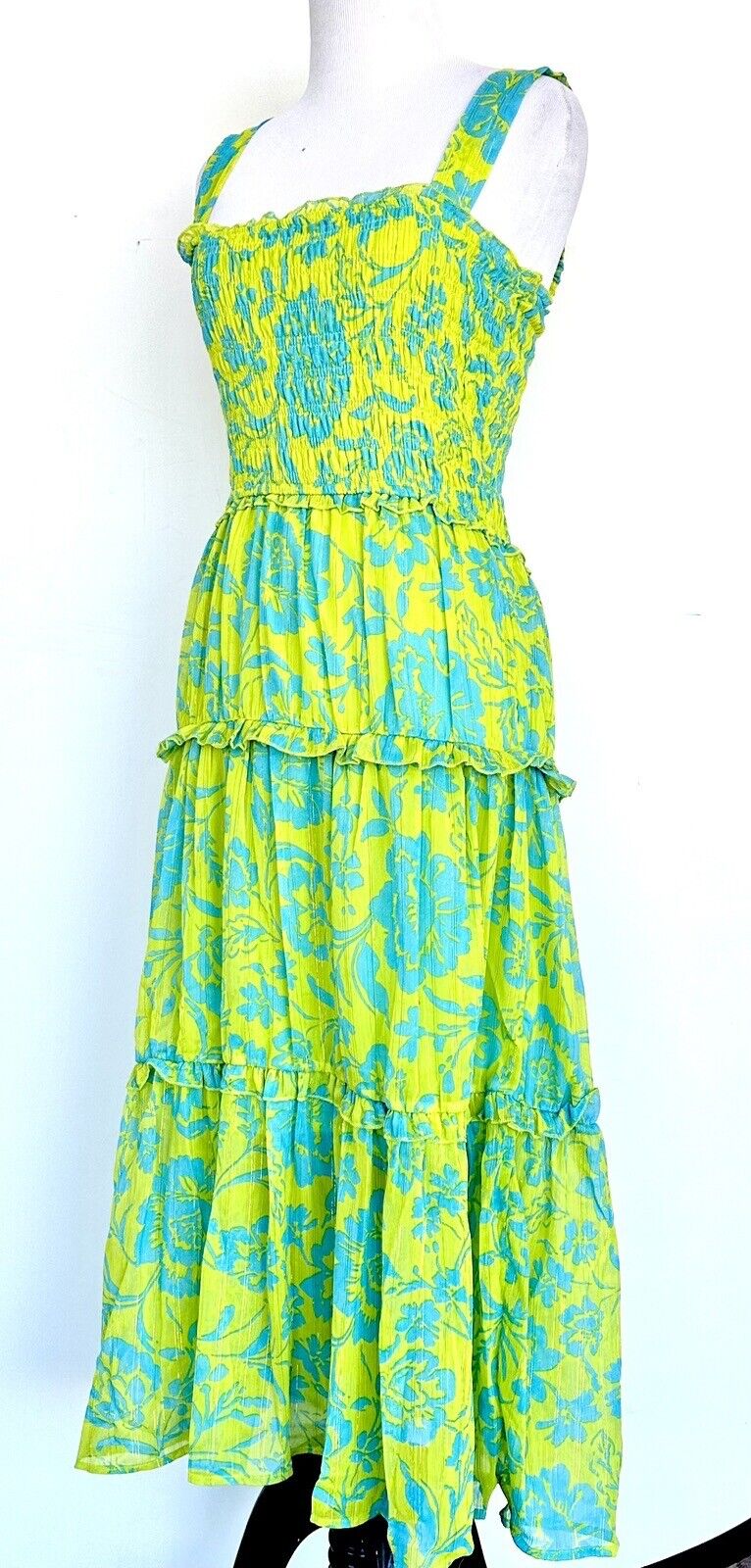 Umgee Lime& Blue Smocked Maxi Dress Sleeveless Price $56 Size S NWT