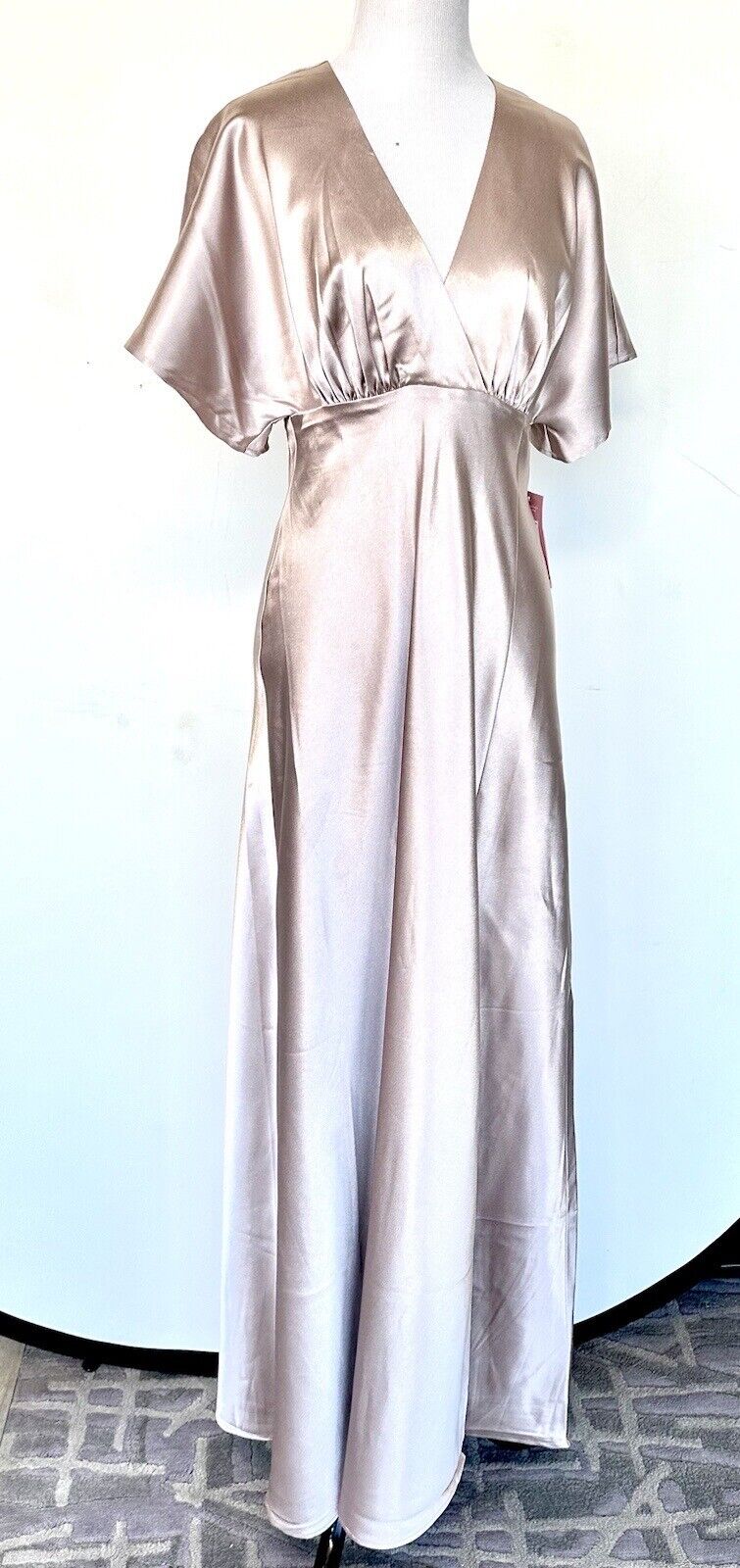 Birds Grey Dress Champagne Satin Maxi Dress Flutter Sleeve Size XS NWT