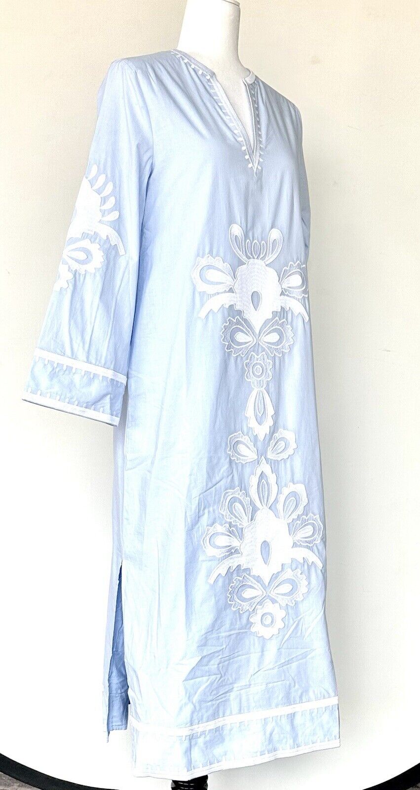 NWT J Marie embroidered Light Blue Cotton Kaftan Dress S Retail $168 Price $88