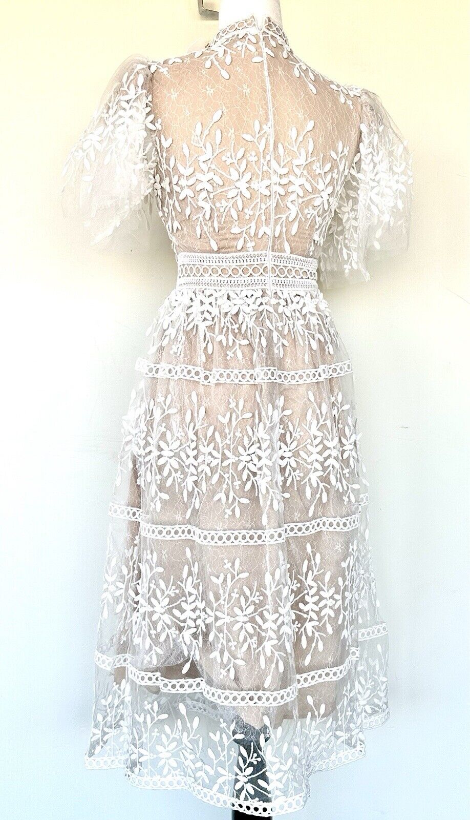 Ivy City White & Nude Embroidered Sicily Dress Three Layered. XS Flutter Sleeve