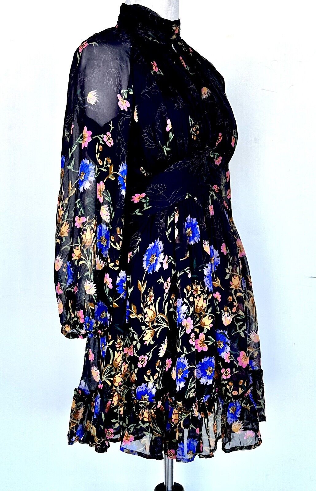 Anthropologie Black Chiffon Floral Dress 0P Retail $170 price $85 NWT