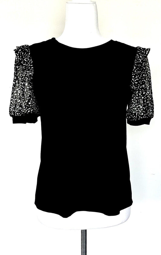 CeCe Puff-Sleeve Top. Black w/polka dot SS NWT Chiffon Sleeve Retail $69 XS